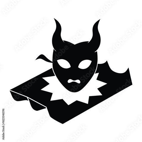 Stylized black devil mask with horns and ruffled collar