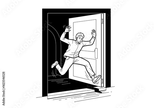 A person rushing out of an open door in a black and white illustration