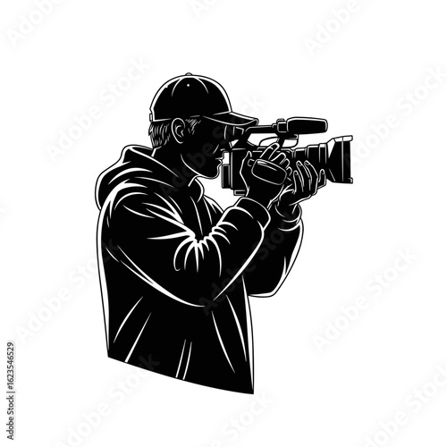 A cinematographer filming with a video camera in a black and white illustration