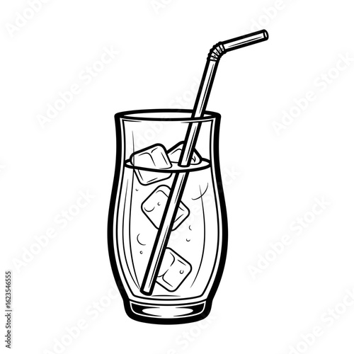 A refreshing drink with ice cubes in a glass with a straw 