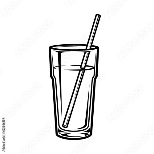 Tall glass of water illustration, line art style, black and white colors, symbolizes refreshment and hydration
