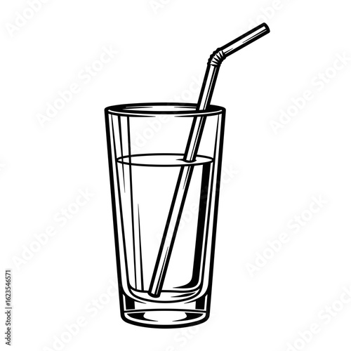 Glass of water illustration, line art style, black and white colors, symbolizes refreshment and hydration