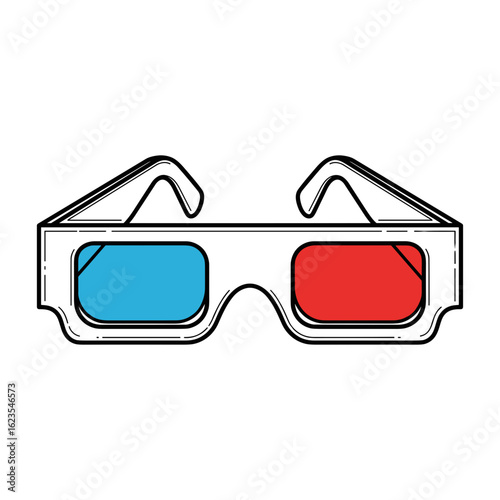 3D glasses illustration, line art style, black and white colors, symbolizes immersive movie experiences