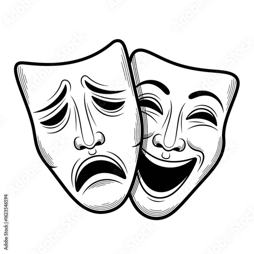 Theater masks illustration, line art style, black and white colors, symbolizes comedy and tragedy