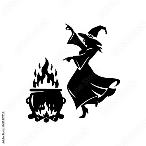 Witch Dancing Around Cauldron Fire Silhouette Vector Logo - Halloween Magic Character