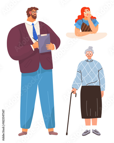 Group composition including a professional man holding a clipboard, elderly woman with a cane, and a pensive young woman. Ideal for diversity, roles, intergenerational connection, teamwork