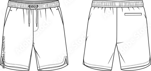 Men’s athletic shorts fashion flat sketch with drawstring waistband, curved hem, side pockets, back zipper pocket, front and back view