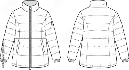 Puffer jacket technical flat sketch with front and back views, zipper closure, side pockets, high collar, and winter wear design