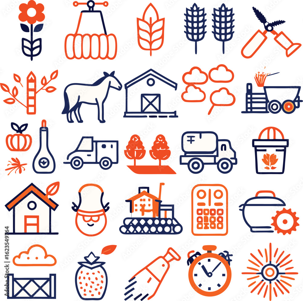 Fototapeta premium Agriculture and Farming Icons with Farm Animals, Crops, and Equipment vector illustration