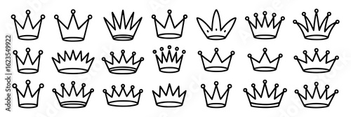 Set of simple crown icons. Collection of black and white line art crowns, tiara, diadem, royal headwear. Hand-drawn vector illustration - decorative design elements for logo, label, emblem, sticker.