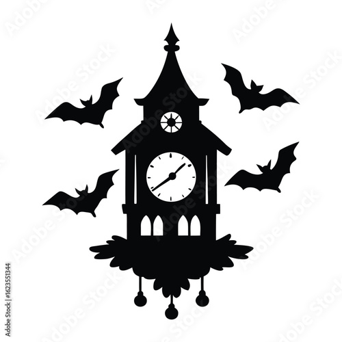 Black silhouette of a cuckoo clock with bats flying around it