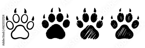 Set of four sketched animal paw print icons. Black and white line art, solid fill, and textured doodle paw print illustrations. Vector graphic design elements for wildlife, pet, and veterinary project
