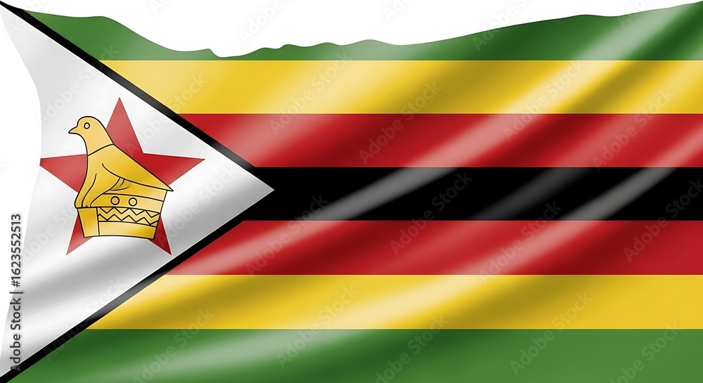 Fototapeta premium The national flag of zimbabwe, featuring its distinctive colors and emblem, waves proudly