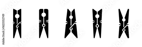 Set of simple black silhouette vector icons of clothespins. Monochrome vector illustration collection of five different stylized clothes peg icons isolated on white. Laundry, household objects design 