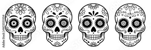Set of four black and white sugar skull vector illustrations for Dia de los Muertos. Skulls with floral decorations, swirls, dots, and geometric shapes. Monochrome design elements.