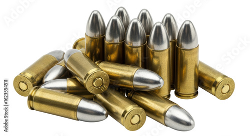 Isolated pile of shiny pistol bullets
