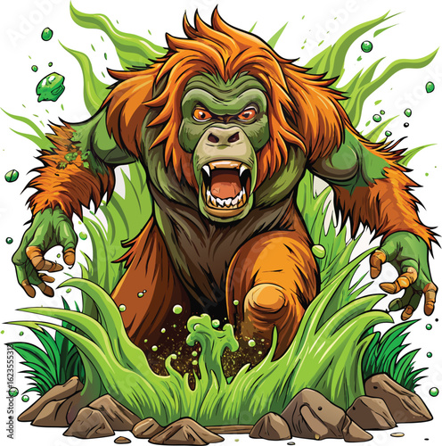 Aggressive green ape emerging from lush foliage gorilla monster