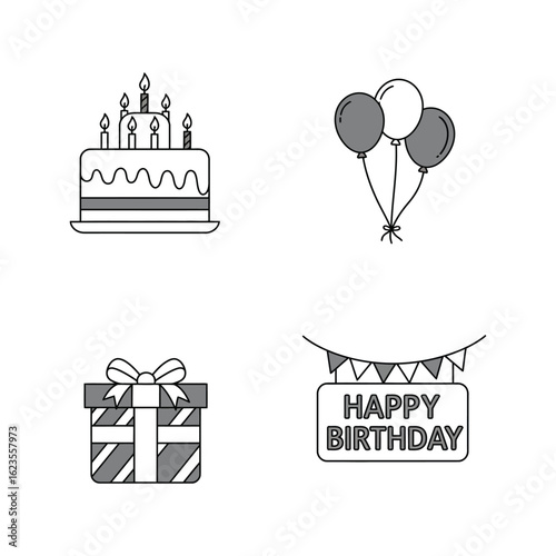 Collection of four hand drawn birthday celebration icons including cake balloons gift and banner
