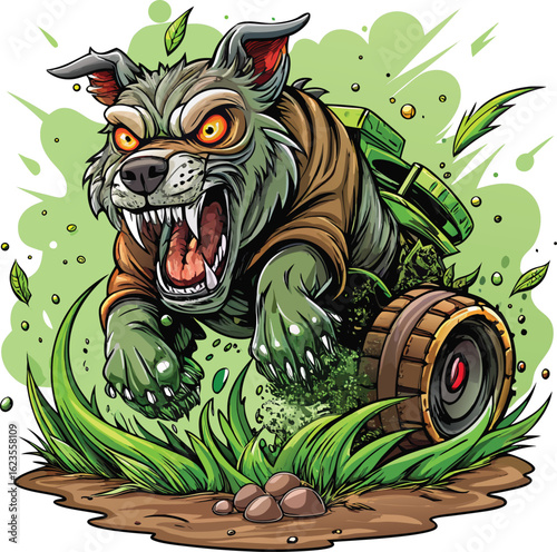 Ferocious green wolf monster with sharp teeth and glowing eyes wearing a brown shirt and carrying a green backpack