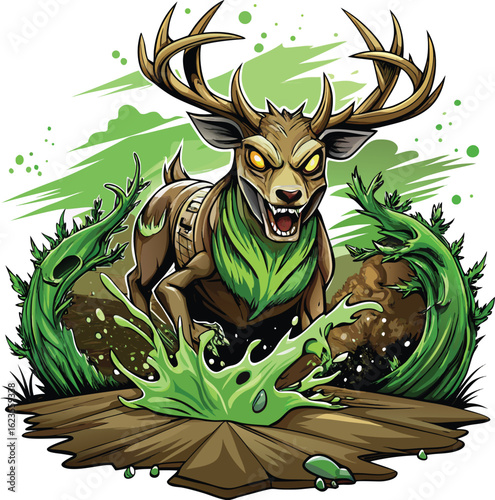 Fierce deer with glowing eyes and green foliage animal wildlife