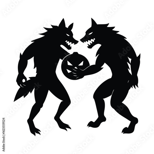 Fototapeta Two werewolves fighting over a jack o lantern silhouette