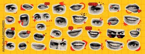 Halftone style collage of human eyes and mouth expressions with pixel icons on an orange grid background for social media.