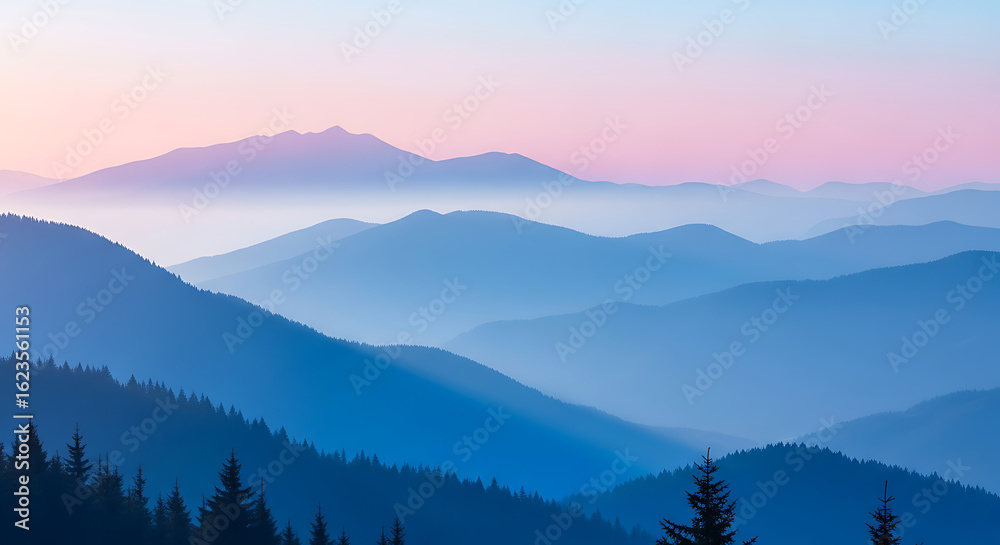 Obraz premium Serene mountain range landscape at dawn with layers of blue hills fading into the distance, illuminated by a soft pink and blue sky.