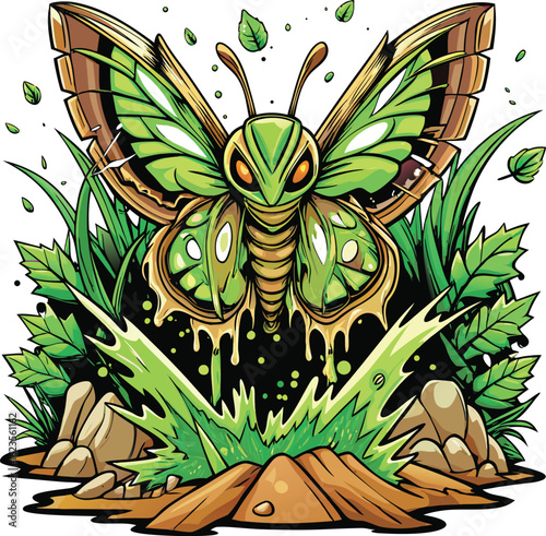 Green and gold moth with dripping nectar surrounded by grass and rocks insect butterfly