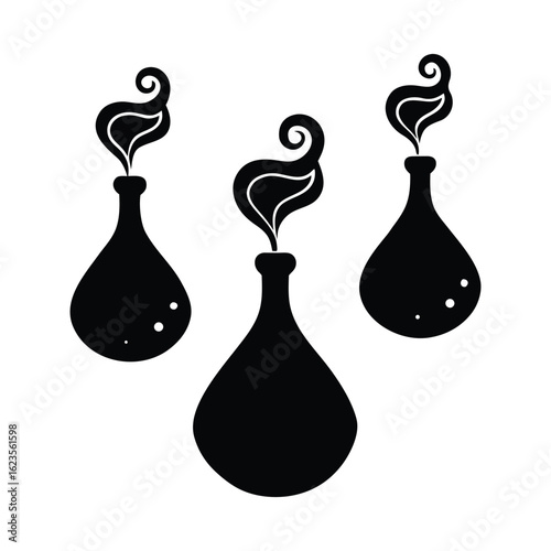 Three black silhouette laboratory flasks with swirling smoke