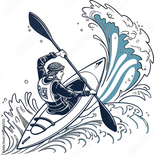 Kayaker navigating turbulent blue waves kayaking whitewater