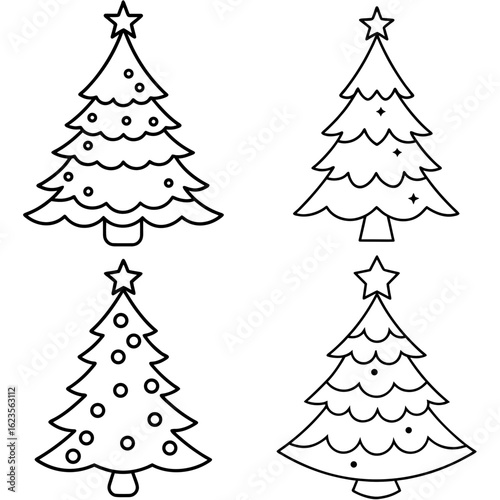 Christmas Tree Coloring Page - Outline Vector Illustration for Kids and Adults