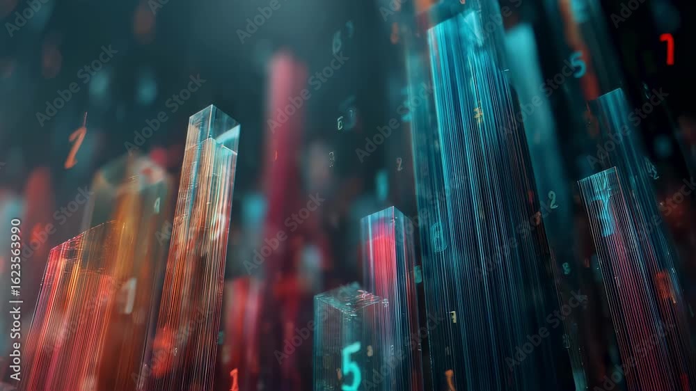 A dynamic 3D visualization features holographic columns filled with vibrant numeric sequences set against a sleek background highlighting the exciting realm of data analytics and its