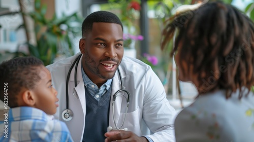 National Sickle Cell Awareness Month. Professional African American doctor explaining sickle cell disease to young patient and family in modern medical office