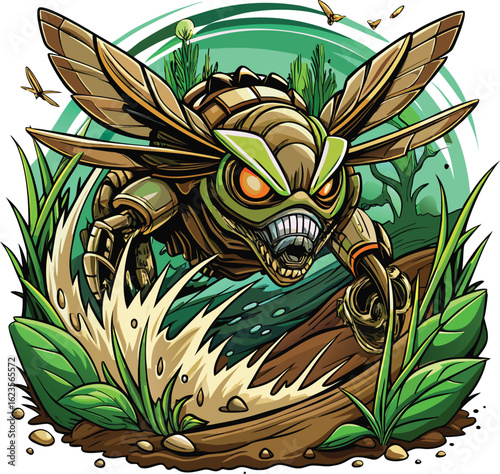 Robotic insect with wings and sharp teeth in green forest mechanical