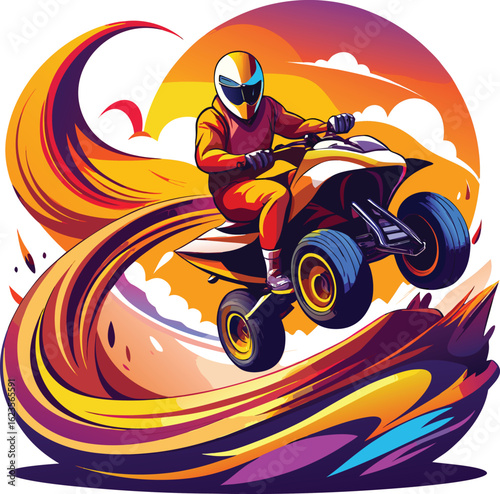 Rider on quad bike performing jump helmet extreme sports