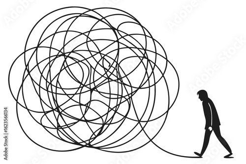 Conceptual illustration of a person struggling with complexity a man trails tangled lines symbolizing challenge and overcoming difficulties