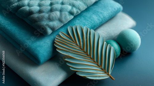 Gestapelte türkisfarbene Textilien und Stoffe mit einer gestreiften Feder als dekoratives Element
