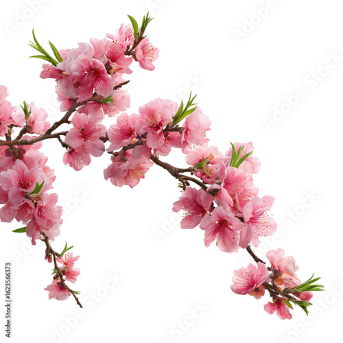 Stunning photo of peach tree branch with many pink flower on corner border, blossom branch isolated on white background
