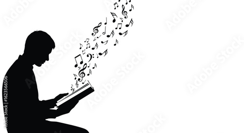 Silhouette of a person reading a book with musical notes emanating, representing inspiration and creativity in musical composition and learning