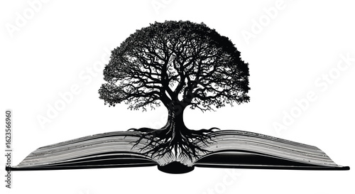 Tree Growing From Open Book, Knowledge and Education Concept, Symbolizing Growth