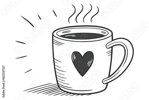 Hand drawn coffee mug illustration with a heart design evoking warmth comfort love and a moment of relaxation in black and white.