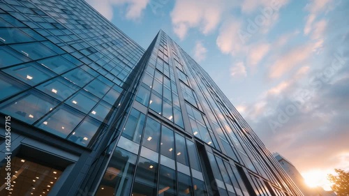 Modern glass skyscraper reaching for the cloudy sunset sky