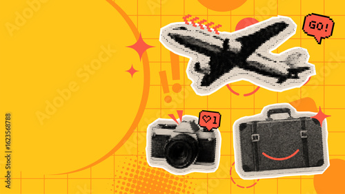 Halftone style collage with travel symbols including airplane, camera, and suitcase. Adventure and holiday concept for web.