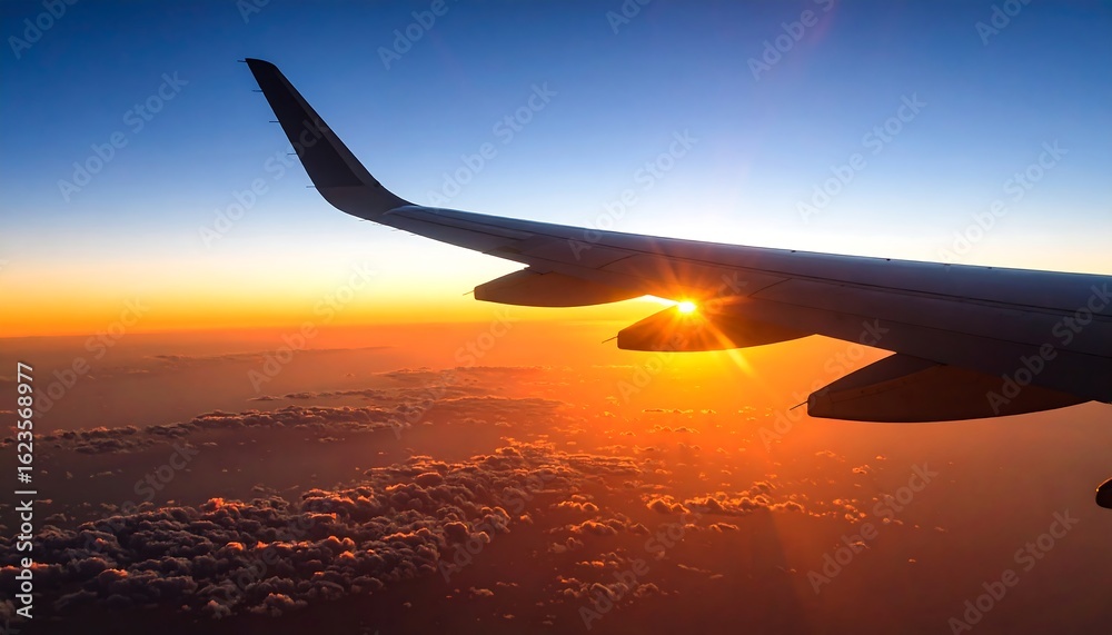 Obraz premium Airplane wing at sunset over clouds