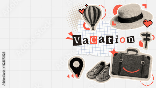 Vacation collage with travel stickers and hot air balloon. Halftone art for summer holiday concept. Trendy scrapbook design.