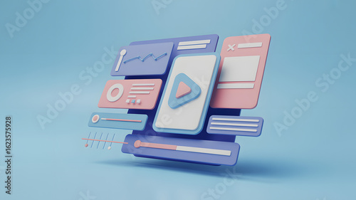 Pastel colored ui elements floating around a phone with a play button on a light blue background