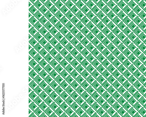 seamless green pattern, repeating geometric pattern or tessellation, interlocking square motifs, creating a diagonal flow, symmetrical, seamless repetition design, symbolizes the infinite, 