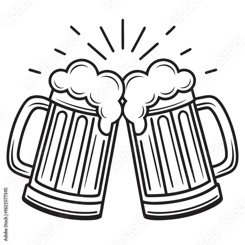 Two frothy beer mugs clinking together in a toast celebration with sparkle lines