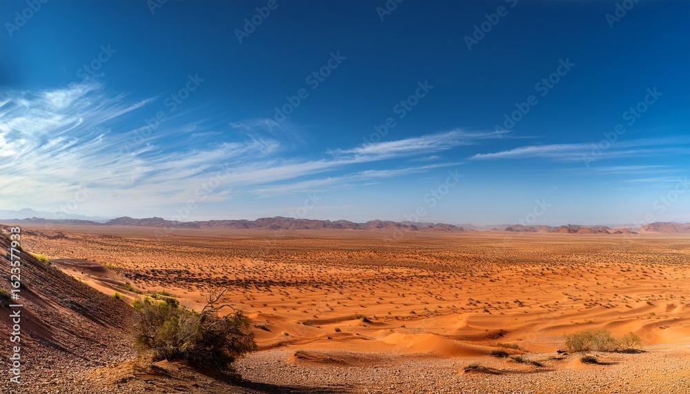 Fototapeta premium vast desert landscape under a clear blue sky with a few wispy clouds