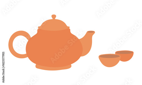 Teapot with teacups isolated on transparent. Flat vector illustration. Mid Autumn Festival design element, holiday clip art. Tableware, kitchen utensils, tea ceremony